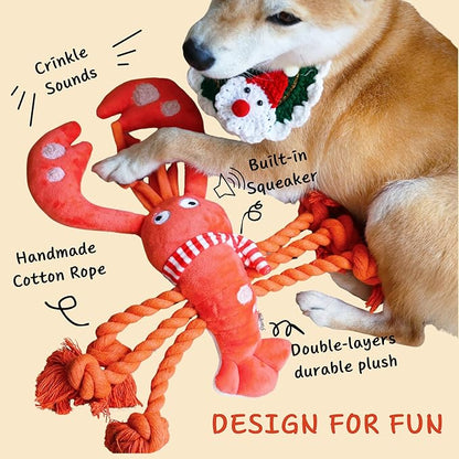 Pawfoo Lab Squeaky Dog Toys, Rope Tug of War Dog Toys, Interactive Lobster Plush Chew Toys, Dog Gifts for Puppy, Small Medium Large Dogs