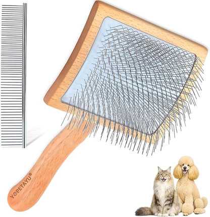 Dog Slicker Brush & Stainless Steel Comb Set for Shedding & Grooming Medium & Large Long or Thick Coated Dogs, Doodles & Cats, 1 Inch Pin Slicker Brush with Ergonomic Wooden Handle, Oak