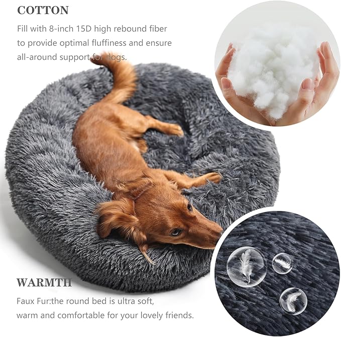 Calming Donut Dogs Beds for Medium Dogs up to 45 lb,30inch Anti-Slip Plush Round Dog Bed with Raised Rim,Fluffy Faux Fur Pet Bed for Cozy Sleep,Dark Grey