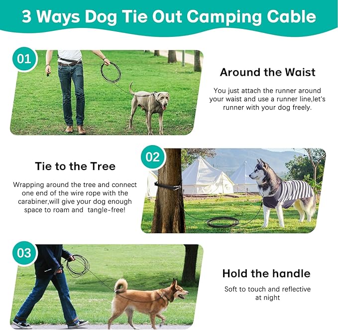 Long Dog Leash Chew Proof, Tie Out Cable for Dogs Heavy Duty 10/20/30/50 ft with Carabiner, Dog Leads for Yard for Medium Large Dogs, Dog Long Leashes with Padded Handle (Black, 50Ft)