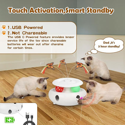 Scsuupoee Cat Toys,3-in-1 Interactive Cat Toys for Indoor Cats,Rechargeable Automatic Interactive Cat Toy with Fluttering Butterfly,Smart Sensor 6 Holes Mice Whack-A-Mole and Track Balls, White