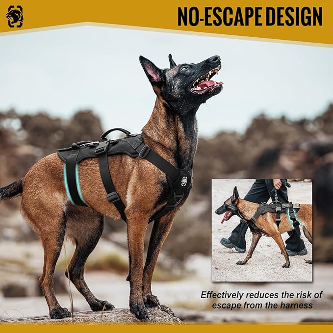 OneTigris Escape Proof Dog Harness, No Pull Dog Harness with Handles, Tactical Multi-Use Support Dogs Harnes for Large Dogs Everyday Wear Walking Hiking Training (Black, X-Large)