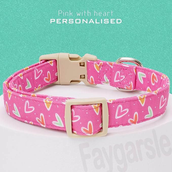 Faygarsle Valentine's Day Dog Collar, Pink Heart Pattern with Metal D-Ring and Heart Charm, Adjustable Pet Collar for Small Medium Large Dogs L