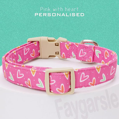 Faygarsle Valentine's Day Dog Collar, Pink Heart Pattern with Metal D-Ring and Heart Charm, Adjustable Pet Collar for Small Medium Large Dogs L