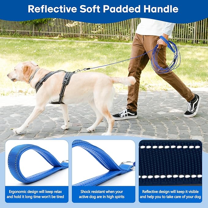 Long Leash Chew Proof, Tie Out Cable for Dogs 10/20/30/50 ft With Carabiner, Leads for Yard Medium Large Dogs, Padded Handle (Blue, 10Ft)