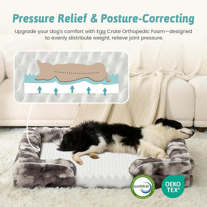 COZY KISS Orthopedic Dog Bed for Extra Large Dog, Soft and Warm Faux Fur Sofa for Giant Pet Up to 150 lbs, Foam Bolster Anti-Slip Couch with Washable Removable Cover, XXL 48x35x8 inch, Tie Dye Grey