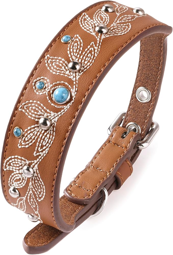 Blueberry Pet Western Dog Collar in Canyon Brown - 12-15 Inch Necks Floral-Embroidered Leather with Turquoise Studs, Dog Collars for Small Dogs, Adjustable Leather Girl Dog Collar
