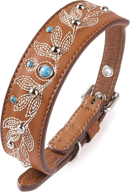 Blueberry Pet Western Dog Collar in Canyon Brown - 12-15 Inch Necks Floral-Embroidered Leather with Turquoise Studs, Dog Collars for Small Dogs, Adjustable Leather Girl Dog Collar