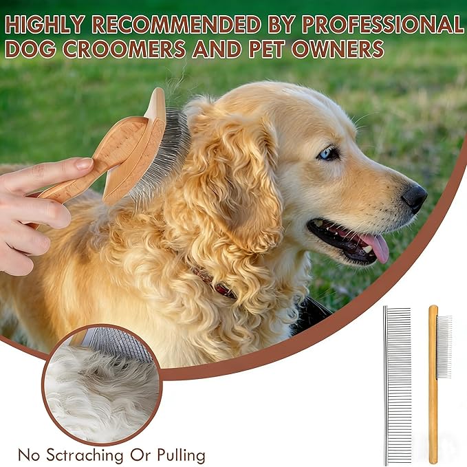 Slicker Brush for Dogs, Dog Grooming Supplies Long Pin Large Doodle Brush for Goldendoodles Poodles Bernedoodles, 3 Pcs Grooming Tools with Wooden Handle for Mats Tangles - Wood