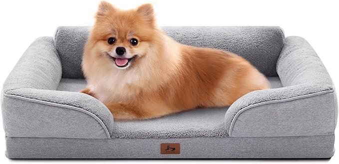 Warmrest Orthopedic Dog Beds for Medium Size Dogs, Waterproof Egg-Crate Foam Pet Couch Bed with Soft Sides, Non-Slip Dog Sofa with Fleece Removable Washable Cover, 28"L Supportive Pet Sofa, Light Grey