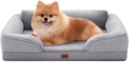 Warmrest Orthopedic Dog Beds for Medium Size Dogs, Waterproof Egg-Crate Foam Pet Couch Bed with Soft Sides, Non-Slip Dog Sofa with Fleece Removable Washable Cover, 28"L Supportive Pet Sofa, Light Grey