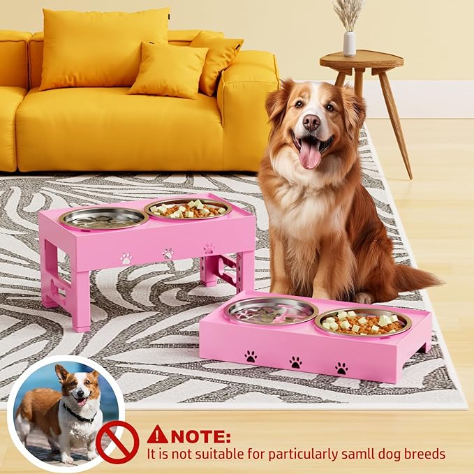 LAKIPETN Elevated Dog Bowls with 2 Stainless Steel Bowls, Raised Dog Food Bowl Stand 5 Height Adjustable (3.1", 9", 10", 11", 12") Non-Slip Feeder Set for Medium and Large Dogs - Pink