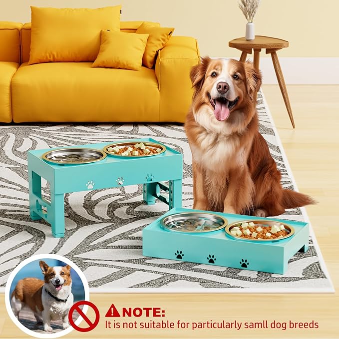 LAKIPETN Elevated Dog Bowls with 2 Stainless Steel Bowls, Raised Dog Food Bowl Stand 5 Height Adjustable (3.1", 9", 10", 11", 12") Non-Slip Feeder Set for Medium and Large Dogs - Turquoise