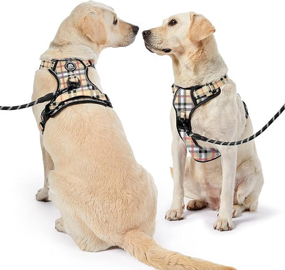 NESTROAD No Pull Dog Harness with Leash, Reflective No Choke Pet Vest Harness,Adjustable Soft Padded Dog Harness with Easy Control Handle for Large Dogs(Checkered Beige,Large)