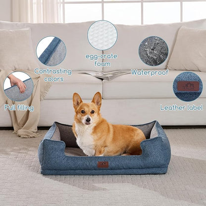 Hollypet Orthopedic Rectangle Dog Bed for Medium Dogs, Supportive Egg-Crate Foam Pet Beds with Removable Washable Waterproof Cover and Non-Slip Bottom, Blue, 32" L x 24" W x 8.5" Th