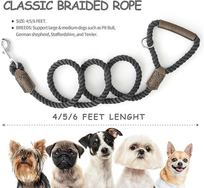 Mile High Life Dog Leash, Braided Cotton Rope Leashes with Leather Handle - Heavy Duty Metal Clasp, 4FT, 1/2" Thick - Wedding, Walking & Training Leash for Small Medium Large Dogs (Gray)