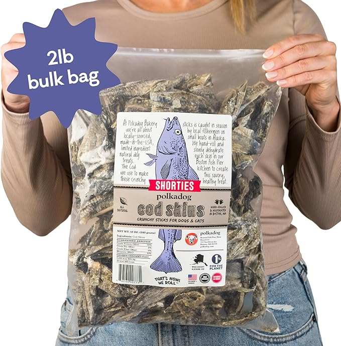 Polkadog Cod Skins for Dogs (2lb Shortie) - Single Ingredient, Wild-Caught Fish Skin Dog Treats for All Breeds – High in Lean Protein & Omega-3. Hypoallergenic, Grain Free. Handcrafted & Made in USA