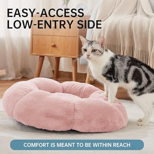 OhGeni 20 inches Calming Donut Dog & Cat Bed for Small Pets, Warming Comfort Fluffy Short Pile Fur, Durable Machine Washable, Cute Round Bed for Puppy and Kitten, Pink