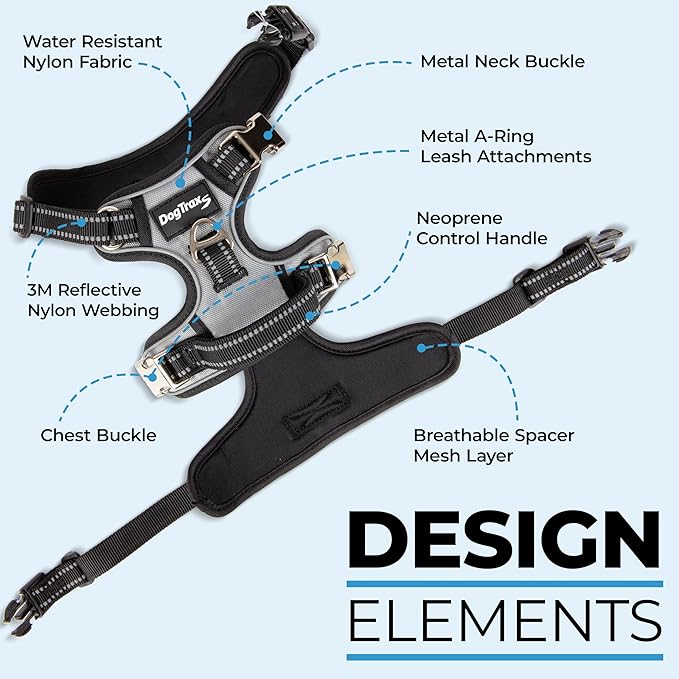 DogTraxs - Step-in Dog Harness - for Extra Large Dogs - Soft Padding & Reflective Trim - Adjustable No Pull Through Design - Control Handle - Top & Front Clip Durable - Silver Gray