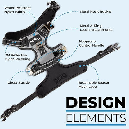 DogTraxs - Step-in Dog Harness - for Extra Large Dogs - Soft Padding & Reflective Trim - Adjustable No Pull Through Design - Control Handle - Top & Front Clip Durable - Silver Gray