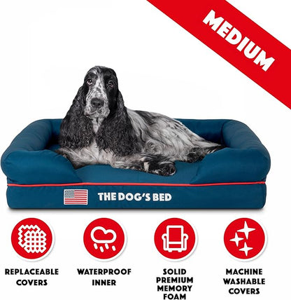 The Dog’s Bed, Medium Blue Oxford with Red Trim USA Flag Dog Bed, Memory Foam, Pain Relief, Post Surgery, Lameness, Supportive, Calming, Waterproof Washable Cover, Veterinary Approved