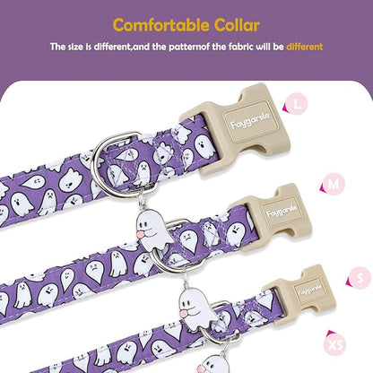 Faygarsle Halloween Dog Collar with Charm, Purple with Ghost Pattern, for Small Medium Large Dogs S