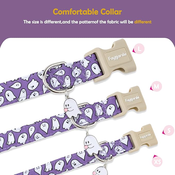 Faygarsle Halloween Dog Collar with Charm, Purple with Ghost Pattern, for Small Medium Large Dogs L