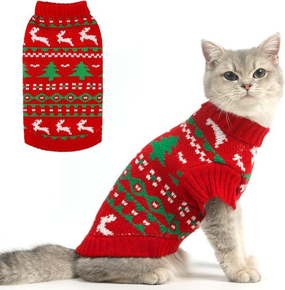 KOOLTAIL Cat Sweater Turtleneck- Soft Knit Cat Christmas Sweaters for Cats Only, Elk Christmas Tree Pattern Thick Warm Cold Weather Pet Clothes Outfit for Small Medium Large Size Kitten Puppy Red M
