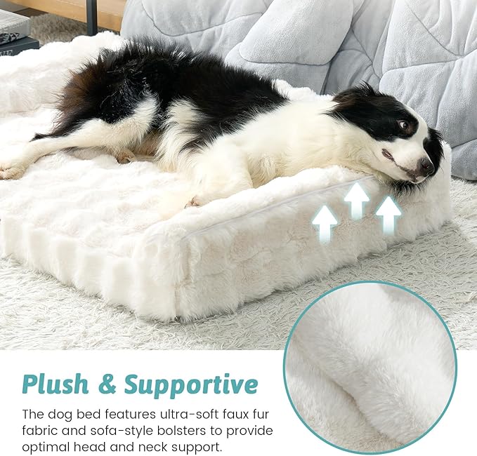 Faux Fur Orthopedic Dog Bed, Extra Large Dog Bed, Supportive Foam Pet Sofa with Waterproof Lining Cover, Washable U-Shaped Pet Couch with Anti-Slip Bottom Design, Beige XXL 48x32x8 inch
