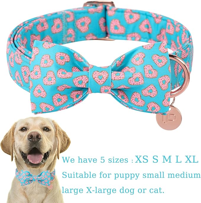 Valentine’s Day Dog Collar with Bow Tie,Donut Heart Bowtie Collar with Metal Buckle,Valentine’s Day Gift Pet Collar for Puppy Girl Boy Dog, Comfortable Dog Collar, M, Neck 13.5-22in