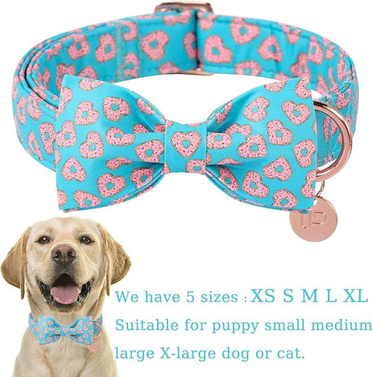 Valentine’s Day Dog Collar with Bow Tie,Donut Heart Bowtie Collar with Metal Buckle,Valentine’s Day Gift Pet Collar for Puppy Girl Boy Dog, Comfortable Dog Collar, M, Neck 13.5-22in