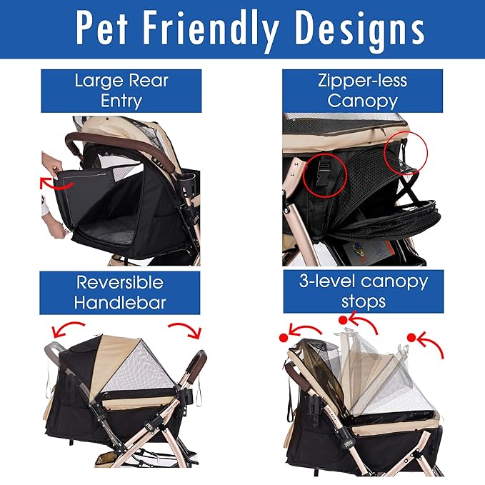 HPZ Pet Rover XL Extra-Long Premium Heavy Duty Dog/Cat/Pet Stroller Travel Carriage for Small, Medium, Large Pets (Taupe 2nd-Gen)