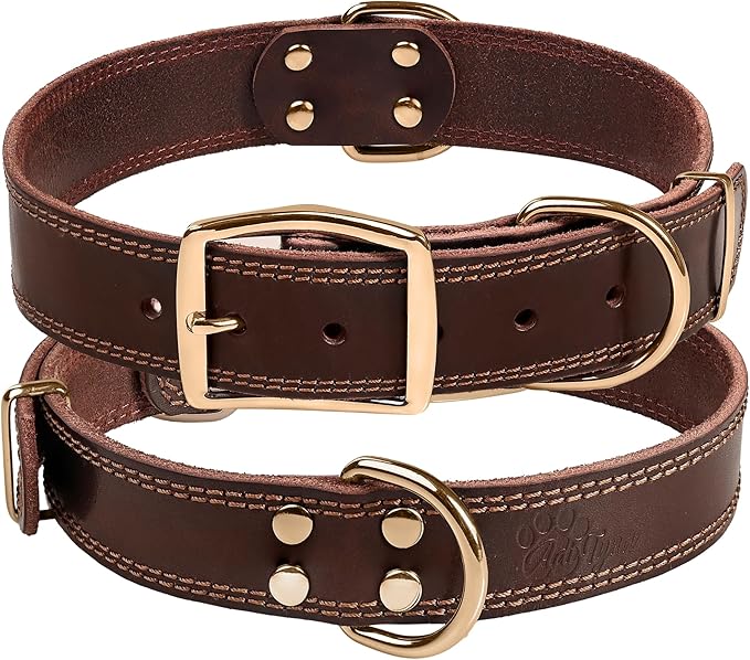 ADITYNA Heavy Duty Leather Dog Collar - Soft and Strong Leather Collar for Large Breeds (Large: Fit 17" - 23" Neck, Brown - Gold Colored Buckle)