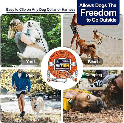 Tie Out Cable for Dogs Up to 300lbs,100ft Extra Strong 1000lbs Break Strength Tie-Out Tether Trolley Training Lead,Dog Run Cable for Yard Garden Park Camping Outside (Orange, 300lbs 100ft)
