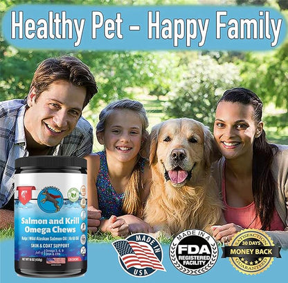 WIZARDPET Wild Alaskan Salmon Krill Oil Chews for Dogs - 120 Soft Treats - Omega 3 6 9 Fish Supplement EPA, DHA for Itch-Free Skin Coat Joints - Allergy Relief - Reduce Hair Shedding - Made in USA