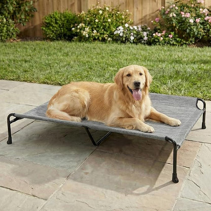 Veehoo Outdoor Elevated Dog Bed, 53" XXL Raised Dog Bed with Headrest Sides, Washable Cooling Dog Cot with Non-Skid Feet, Breathable Mesh, Portable Pet Hammock for Indoor or Camping, Black Silver