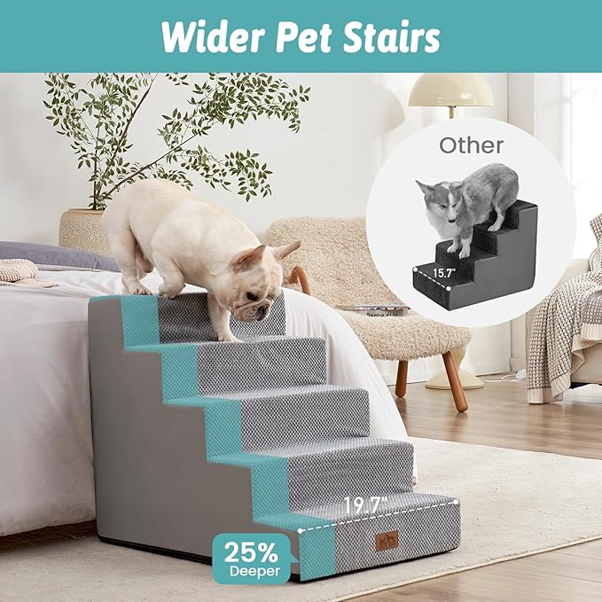 COZY KISS Dog Stairs for Small Dogs, 5 Tier Wider Pet Stairs for High Beds, 23.6" H Non-Slip Dog Steps for Old Cats, Puppies, Small Medium Dogs, 19.7x29.5x23.6 inch, Grey