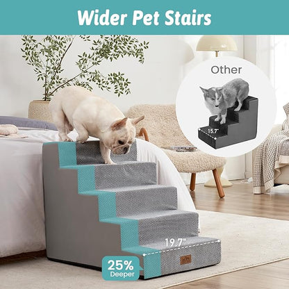 COZY KISS Dog Stairs for Small Dogs, 5 Tier Wider Pet Stairs for High Beds, 23.6" H Non-Slip Dog Steps for Old Cats, Puppies, Small Medium Dogs, 19.7x29.5x23.6 inch, Grey