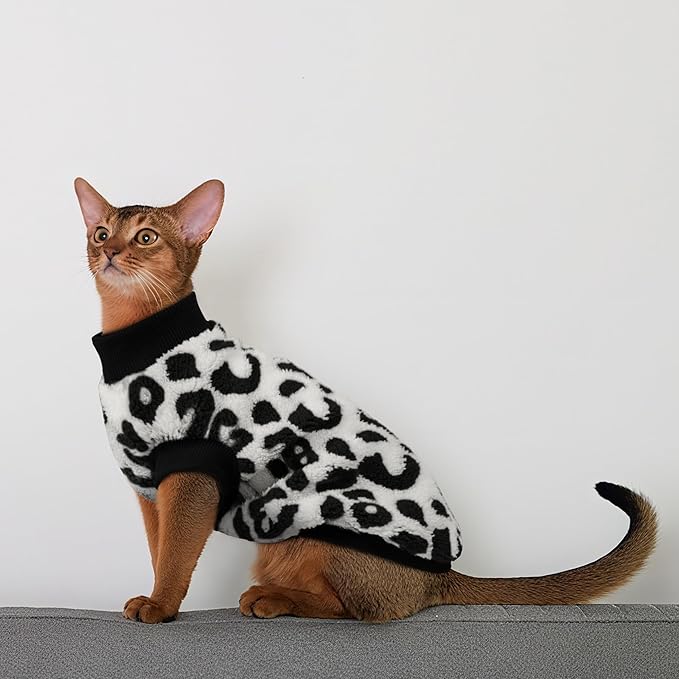 PUMYPOREITY Cozy Fleece Cat Sweater - Stretchy & Warm Knitted Cat Shirt, Super Soft Kitten Sweater, Machine Washable Pet Clothing for Comfort & Style, Black Leopard, XS