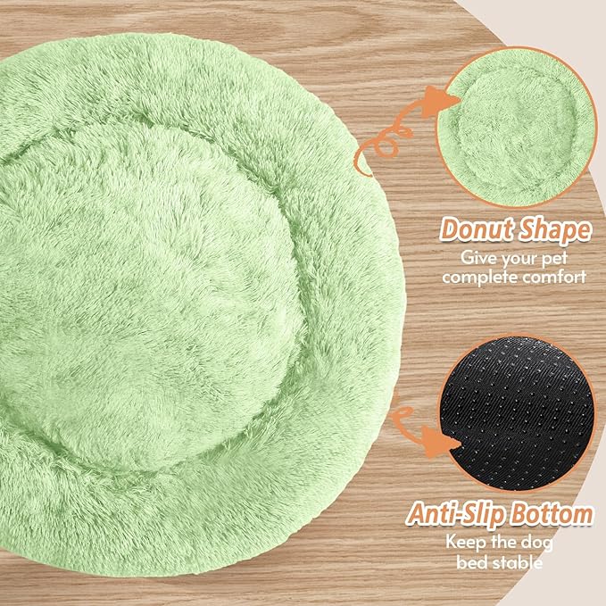 JOLLYVOGUE Calming Dog Bed Medium Size Dog, Anti-Anxiety Donut Medium Pet Bed, 31 inches Fluffy Faux Fur Round Cat Bed, Fits up to 45 lbs Pets (Light Green)