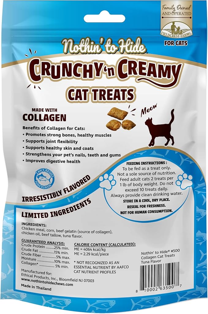 Fieldcrest Farms Nothin’ to Hide Collagen Cat Treats – Crunchy & Creamy Cat Snacks, High-Protein Healthy Treats for Skin, Coat & Joint Support, Tuna Flavor, 3 oz. Bag