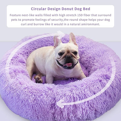 Calming Donut Dogs Beds for Small Dogs Washable,23inch Plush Round Pet Bed for Cozy Sleep,Fluffy Faux Fur Large Cat Bed,Fits up to 25 lbs Pets,Purple