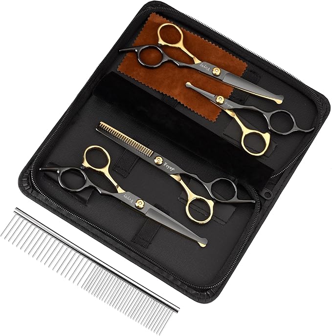 Dog Grooming Scissors Kit, Fcysy Professional Pet Shears for Cats at Home, Dog Grooming Tools with Curved & Straight Blades Scissors Thinning Shears Pet Supply Set