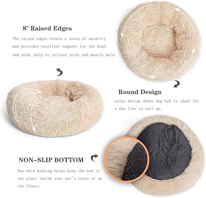 Calming Dog Bed for Medium Dogs Washable Donut 30 inches Anti-Slip Pet Bed,Round Fluffy Plush Faux Fur Cat Bed,Fits up to 45 lbs Pets,Beige