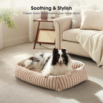 MIXJOY Dog Bed Medium Size Dog, Washable Medium Dogs Bed with Removable Cover, Soft Rectangle Doggy Ded Fluffy Plush Faux Fur Pet Bed with Anti-Slip Bottom, 30"x24"x8", Beige