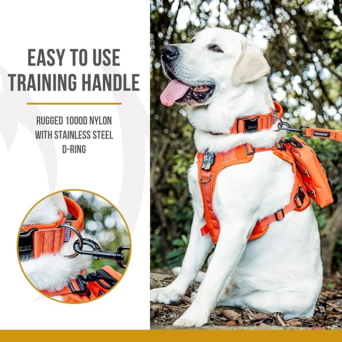 OneTigris Tough Dog Collars, Tactical Dog Collar with Handle, Milltary Adjustable Dog Collar with Heavy Duty Metal Buckle for Training (Orange, S)