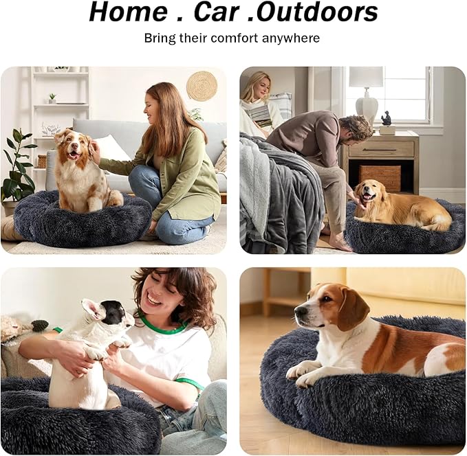 NOYAL Calming Donut Dog Bed for Small to Medium Dogs & Cats - Plush Faux Fur Anti-Anxiety Pet Bed with Machine Washable Cover & Non-Slip Base
