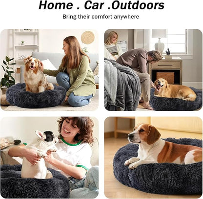 NOYAL Calming Donut Dog Bed for Small to Medium Dogs & Cats - Plush Faux Fur Anti-Anxiety Pet Bed with Machine Washable Cover & Non-Slip Base