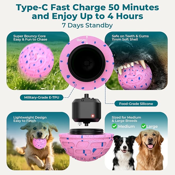 Smart Interactive Dog Toy Ball – Automatic Moving, Bouncing & Rolling, 3 Modes, Chew-Proof E-TPU Shell, Waterproof, Rechargeable,Dog Ball for Medium and Large Dogs, Pink