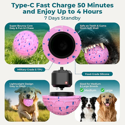 Smart Interactive Dog Toy Ball – Automatic Moving, Bouncing & Rolling, 3 Modes, Chew-Proof E-TPU Shell, Waterproof, Rechargeable,Dog Ball for Medium and Large Dogs, Pink